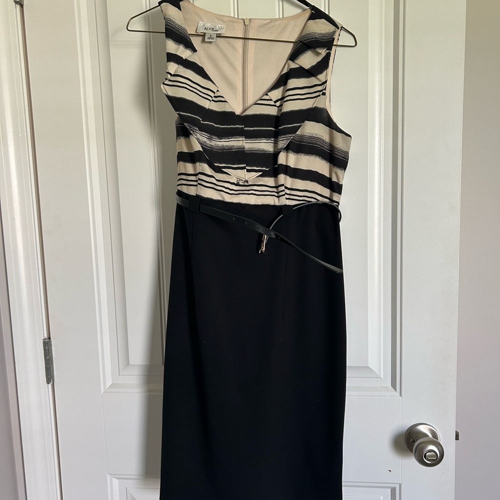 Alyx Black and Cream Sheath Dress V-Neck Midi